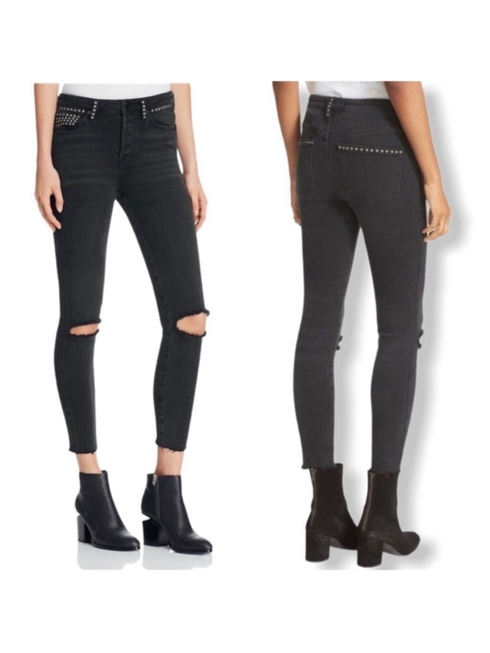 Free People Rocker Stud Black Distressed Crop Jeans Size 27 Mid Rise Skinny